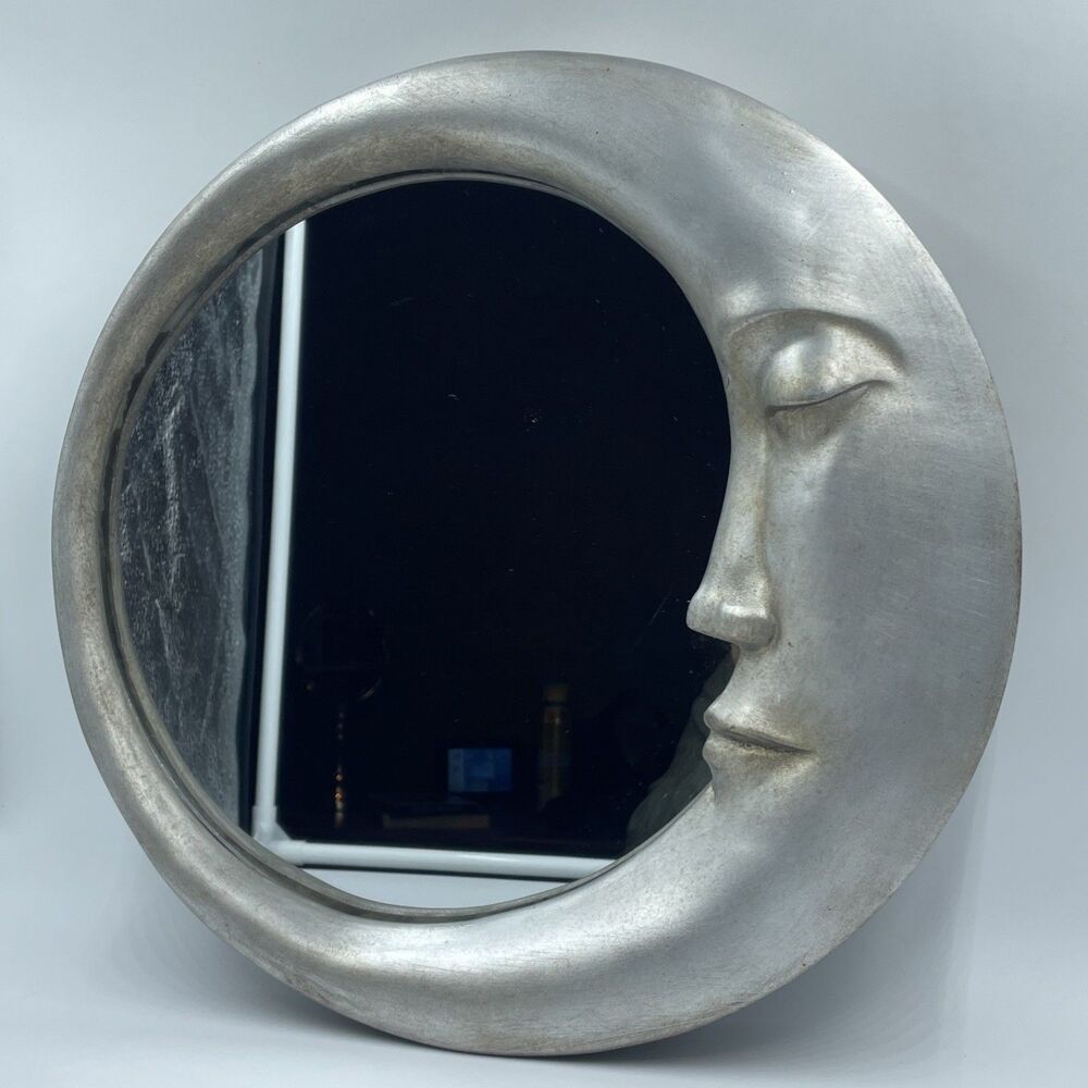 Vintage Crescent Man in The Moon Wall Mirror - 14" Round Celestial Gold